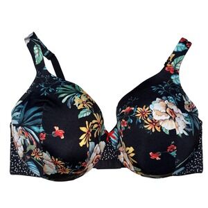 Cacique 42DD Full Coverage Bra Black‎ Floral Print Underwire Push Up